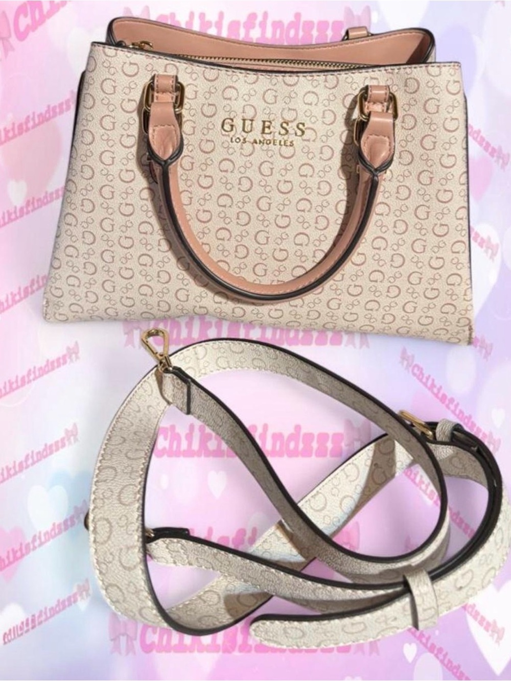 GUESS Cream Logo Satchel with Pink Trim and Detachable Strap